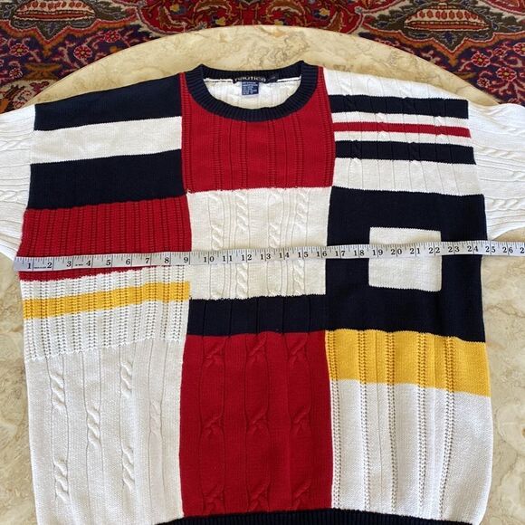 90’s Nautica Colour Block 100% Cotton Multi Colour Cable Knit Oversized Sweater - Picture 12 of 13
